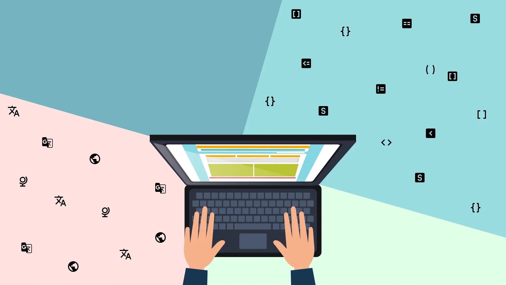 Developer in-front of the laptop with localization-friendly software on the screen